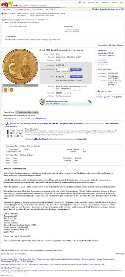 truemercian eBay Listing Using our 2008 Quarter Ounce Gold Proof Britannia Obverse & Reverse Photographs Photograph